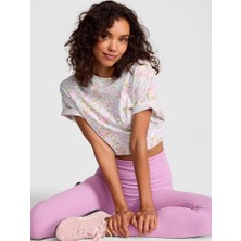 Pink Oversize Kısa Kollu Kampüs Tişört - Lila Çiçekli