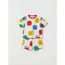 Hyggestylez Unisex Renkli Biber Baskılı Bisiklet Yaka Şortlu %100 Pamuklu Unisex Alt Üst Takım