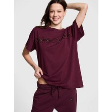 Pink Oversize Kısa Kollu Kampüs Tişört - Bordo