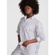 Pink Coastal Cutie Düğmeli Pijama Gömleği - Beyaz Lacivert Çizgili