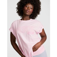 Pink Oversize Kısa Kollu Kampüs Tişört - Pembe Lale