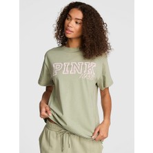Pink Oversize Kısa Kollu Kampüs Tişört - Zeytin Yeşili