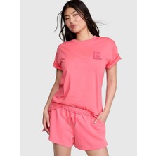Pink Oversize Kısa Kollu Kampüs Tişört - Canlı Pembe