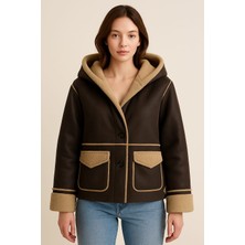 Palenaole Butik Kadın Koyu Kahverengli Shearling Görünümlü Kürklü Şerit Detaylı Kısa Mont