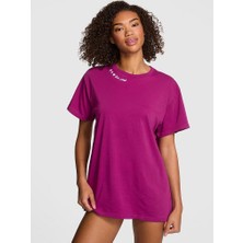 Pink Oversize Kısa Kollu Kampüs Tişört - Koyu Fuşya
