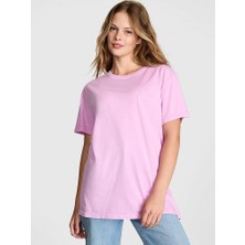 Pink Oversize Kısa Kollu Kampüs Tişört - Leylak