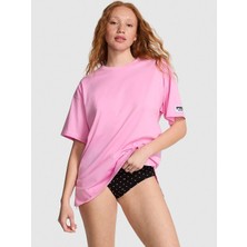 Pink Pamuklu Oversize Yırtmaç Detaylı Uyku Tişörtü - (Tek Renk)