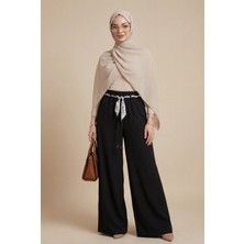 Moda Morfo Bol Paça Beli Lastikli Kemerli Cepli Keten Pantolon  -Siyah