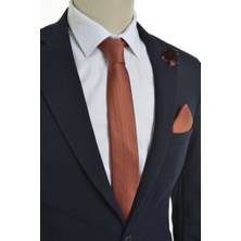 Brianze Kiremit Renkli Kravat Mendil Yaka Çiçeği Set %100 Microfiber Şık ve Özel Günler İçin