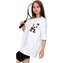 İrem Çocuk Giyim Kız Çocuk Önü Sırtı Hi Yazılı Panda Desenli Oversize Kalıp Beyaz Renk Kısa Kol Tişört