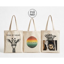 3’lü Paket Bez Çanta Seti – Baskılı Canvas Tote & Plaj Çantası, Çevre Dostu Ham Bez Kumaş Kadın Çanta