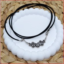 BijuStore Siyah Süet - Antik Gümüş Kadın Choker