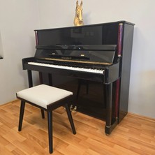 Hasağaç Krem Deri Minderli Siyah Ahşap Konik Ayaklı Piyano Taburesi 56X34X48 cm