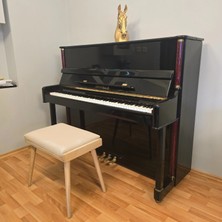 Hasağaç Krem Deri Piyano Taburesi Doğal Ahşap Rengi 56x34x48 cm Modern Tasarım ve Ergonomik Konfor