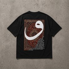 Oversize Siyah Tişört Vav Yazılı Halı Desenli Arka Baskı Unisex %100 Pamuk