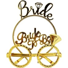Bride Yazılı Taç ve Bride To Be Yazılı Gözlük Seti - Altın Renk