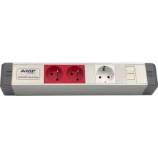 Amp Connect Alüminyum Profil Yatay Donatılmış Brotik 2 Ups Prizi 1 Şebeke Prizi  1 Cat3 Telefon Veya Cat5 – Cat6 Data Prizi