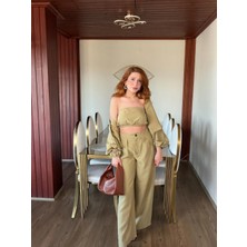 Arwey Bağlama Detaylı Büstiyer ve Geniş Paça Pantolonlu 3'lü Set