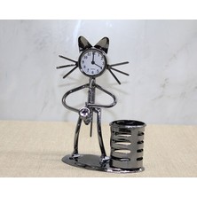 EkoAlışverişDünyam Metal Saksafon Çalan Müzisyen Kedi Saat ve Kalemlik