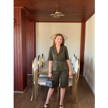 Arwey Haki Yeşil Kemer Detaylı Keten Takım