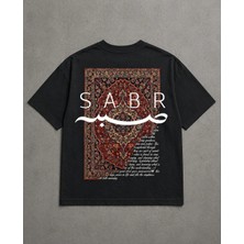 Oversize Siyah Tişört – “sabır” Sırt Baskı Halı Desenli, %100 Pamuk, Unisex Streetwear