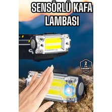Renas Store Beyaz LED Işık Sensörlü Kafa Lambası Lityum Batarya LED El Fenerli Şarjlı