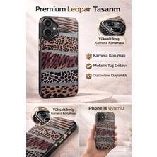 Deppo Trend iPhone 16 Uyumlu Kılıf Leopar Desenli Kahverengi Çizgili Metalik Tuşlu Kamera Kenar Çıkıntılı Kapak