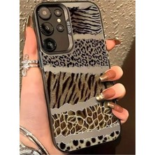 Deppo Trend Samsung Galaxy S24 Ultra Uyumlu Kılıf Leopar Desenli Kahverengi Çizgili Metalik Tuşlu Kamera Çıkıntı