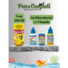 PureCanpati Akvaryum Balık Bakım Seti – Tropical Mix Flake 100 ml + Su Düzenleyici & Vitamin Seti