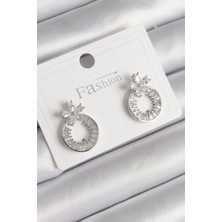 Renas Store Pirinç Gümüş Renk Zirkon Taşlı Halka Model Çiçek Figür Kadın Küpe