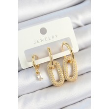 Renas Store Pirinç Zirkon Taşlı Dikdörtgen Model Gold Renk 3'lü Çift Kadın Küpe Set