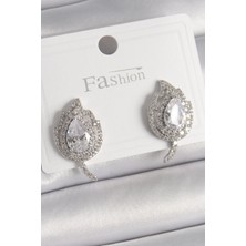 Renas Store Pirinç Gümüş Renk Zirkon Taşlı Yaprak Model Kadın Küpe