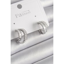 Renas Store Pirinç Gümüş Renk 2'li Zirkon Taşlı Halka Model Kadın Küpe