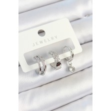 Renas Store Pirinç Zirkon Taşlı Halka Model Gümüş Renk 3'lü Çift Kadın Küpe Set