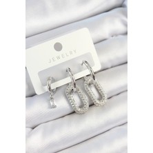 Renas Store Pirinç Zirkon Taşlı Dikdörtgen Model Gümüş Renk 3'lü Çift Kadın Küpe Set