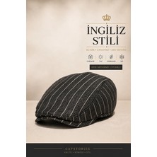 Capstories Erkek Gri Çizgili Kasket – İngiliz Stili (Peaky Blinders) | Klasik Flat Cap M-L