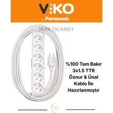 Viko 6'lı 8 Metre Topraklı Çocuk Korumalı Kablolu Grup Priz (Düz Fiş)