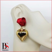 BijuStore Kırmızı Gül & Gold Çelik Kalp Kadın Küpe