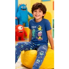 NiCe İç Giyim Lacivert Renk Sevimli Canavarlar Temalı Manşetli Paça Bisiklet Yaka Erkek Çocuk Pijama Takım