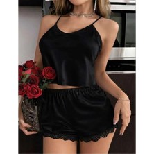 Aria's Closet Arias Closet Siyah Ince Askılı Dantel Işlemeli Saten Şortlu Takım