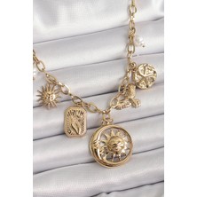 Twin Store 316L Çelik Gold Renk Halka Zincir Sallantı Ay Güneş Figür Kuş Detay Kadın Kolye