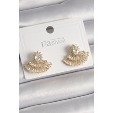 Youday Accessories Pirinç Gold Renk Zirkon Taşlı Yelpaze Model Kadın Küpe