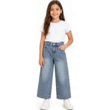 İrem Çocuk Giyim Kız Çocuk Cep Etrafı Taş Detaylı Geniş Paça Model Fermuar Kapamalı Likrasız Mavi Renk Kot Pantolon