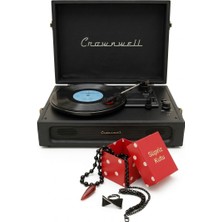 Pazard Bluetoothlu Retro Taşınabilir Pikap-Siyah & 3 Parça Takı Seti - Unutulmaz Tarz ve Nostaljik Premium Hediye Paketi