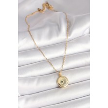 Youday Accessories 316L Çelik Gold Renk Zincir Zirkon Taş Işlemeli Hilal Yıldız Işlemeli Madalyon Model Kadın Kolye