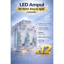 Bezos LED Ampul 10 Watt Beyaz Işık 6500K Yüksek Aydınlatma E27 Duy Enerji Tasarruflu 12 Adet