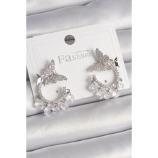 Youday Accessories Pirinç Gümüş Renk Zirkon Taşlı Sallantı Detay Kelebek Model Kadın Küpe