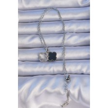 Youday Accessories 316L Çelik Gümüş Renk Siyah Mineli Zirkon Taşlı Yonca Figürlü Kolye