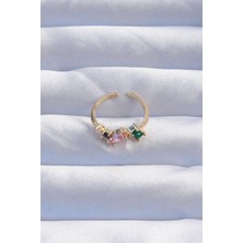 Youday Accessories Pirinç Gold Renk Renkli Zirkon Taşlı Ayarlanabilir Yüzük