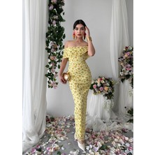MBK Fashion Sarı Çiçek Desenli Madonna Yaka Abiye Elbise